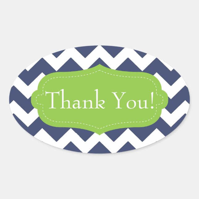 Navy blue chevron and green. Monogram Oval Sticker (Front)