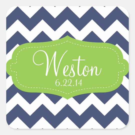 Navy blue chevron and green. Monogram Square Sticker