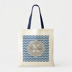 Navy Blue Chevron Monogram Tote Bag