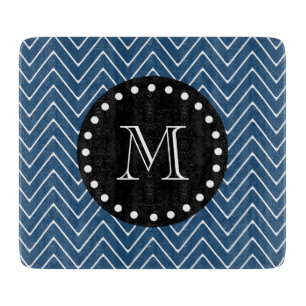 Navy Blue Chevron Pattern Black Monogram Cutting Board