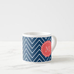 Navy Blue Chevron Pattern   Coral Monogram Espresso Cup