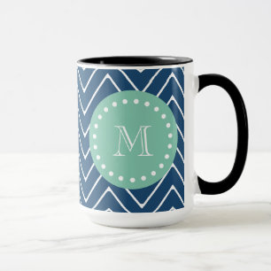 Navy Blue Chevron Pattern Mint Green Monogram Mug