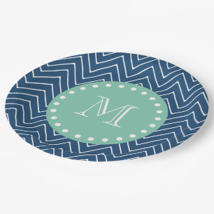 Navy Blue Chevron Pattern   Mint Green Monogram Paper Plate
