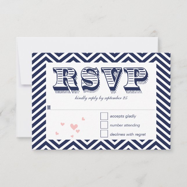 Navy Blue Chevron Retro Typography Wedding RSVP Card (Front)