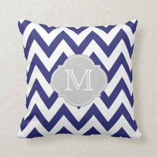 navy blue chevron with Quatrefoil and Monogram Throw Pillow