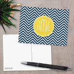 Navy Blue Chevrons with Custom Yellow Monogram Postcard<br><div class="desc">A bold geometric design in fresh,  trendy colours. If you need to adjust the monograms,  click on the customize it button and make changes.</div>