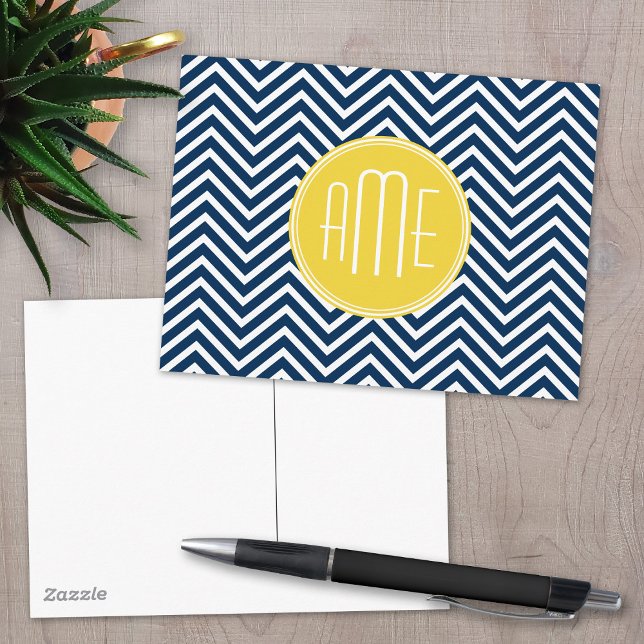 Navy Blue Chevrons with Custom Yellow Monogram Postcard (Creator Uploaded)