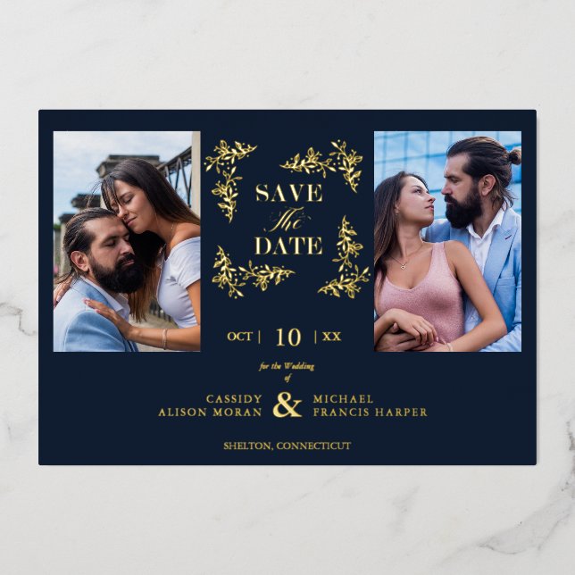 Navy Blue Chic Trendy Collage Wedding 2 Photos (Front)