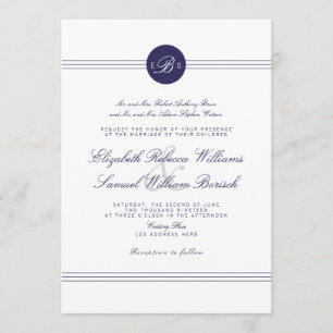 Navy Blue Chic White Monogram Wedding Invite