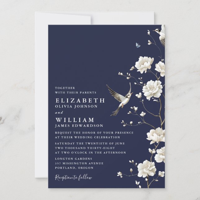 Navy Blue Chinoiserie Floral Garden Wedding Invitation (Front)