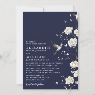 Navy Blue Chinoiserie Floral Garden Wedding Invitation
