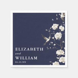 Navy Blue Chinoiserie Floral Garden Wedding Napkin