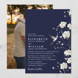 Navy Blue Chinoiserie Floral Garden Wedding Photo Invitation