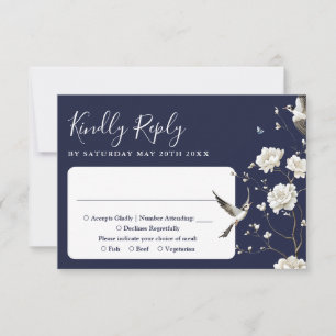 Navy Blue Chinoiserie Floral Garden Wedding RSVP Card