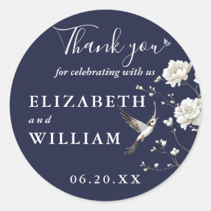 Navy Blue Chinoiserie Floral Wedding Thank You Classic Round Sticker