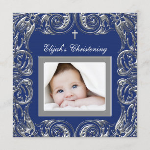 Navy Blue Christening Invitation