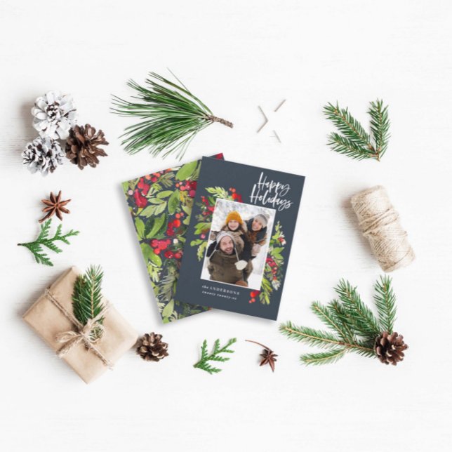 Navy blue Christmas foliage traditional 1 photo Holiday Card (Creator Uploaded)