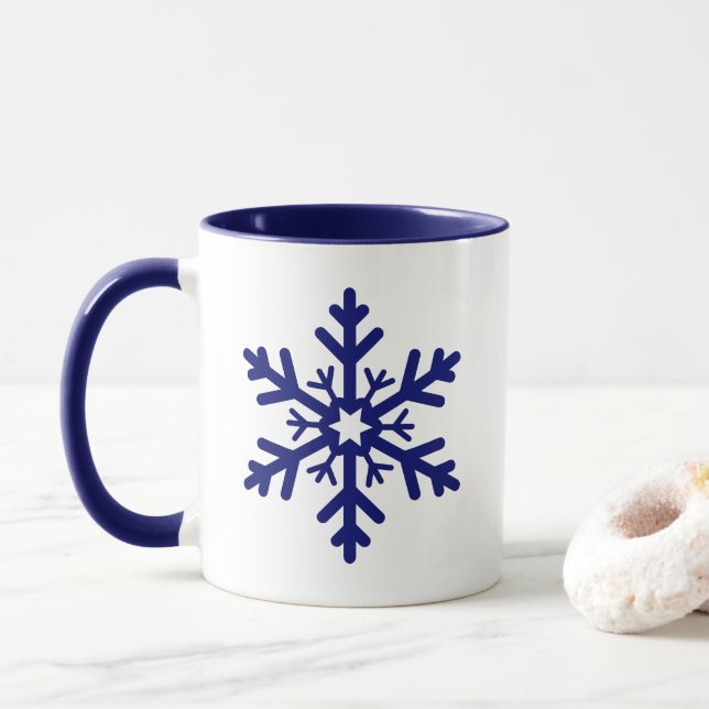 Navy Blue Christmas Snowflake Cute Winter Holiday Mug (With Donut)