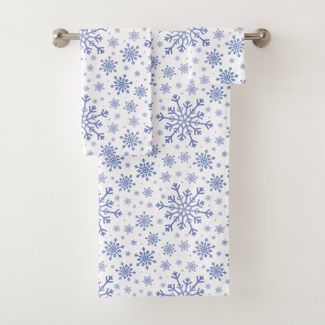 Navy Blue Christmas Snowflakes on Winter White Bath Towel Set (Insitu)