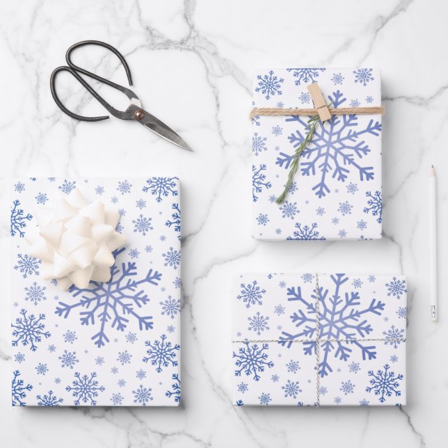 Navy Blue Christmas Snowflakes on Winter White Wrapping Paper Sheet (Front)