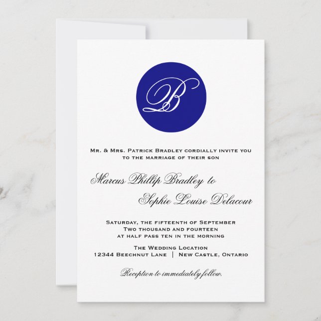 Navy Blue Circle Monogram Wedding Invitation (Front)