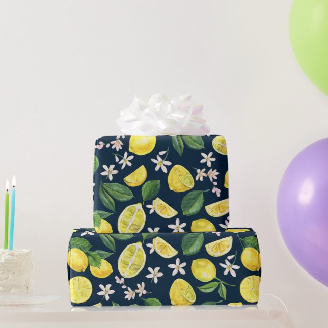 Navy Blue Citrus Lemon Floral  Wrapping Paper (Party Gifts)