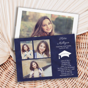 Navy Blue Class of 2022 4 Photo Graduation Party Invitation