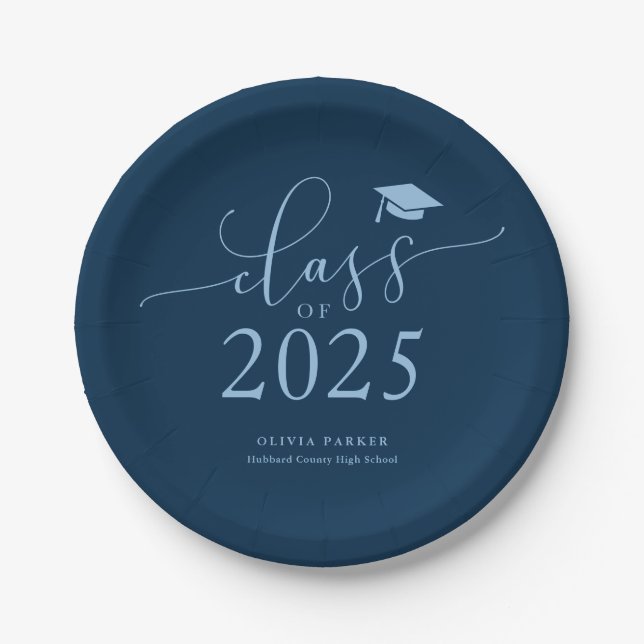 Navy Blue Class of 2025 Graduation Party Paper Plate (Front)