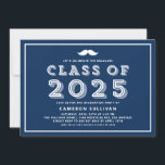 Navy Blue Class of 2025 Moustache Retro Graduation Invitation<br><div class="desc">Let’s celebrate the graduate! Invite guests to your event with this customizable graduation invitation. It features rustic retro typography and moustache illustration. Personalize this navy blue graduation invitation by adding your event details. Whether you're graduating from high school, college, or university, our premium-quality invitations are the ideal to share the...</div>