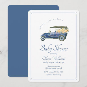 Navy Blue Classic Car Flower Vehicle Baby Shower  Invitation