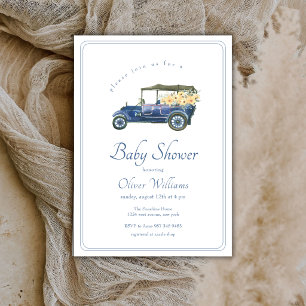 Navy Blue Classic Car Flower Vehicle Baby Shower Invitation