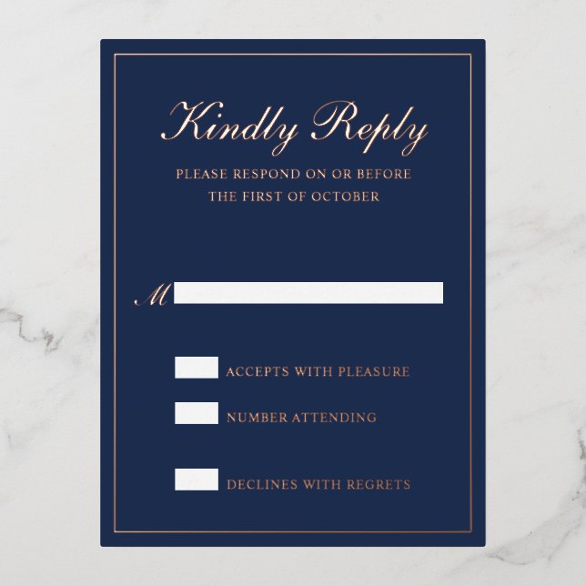 Navy Blue Classic Elegant Wedding Foil RSVP Card (Front)