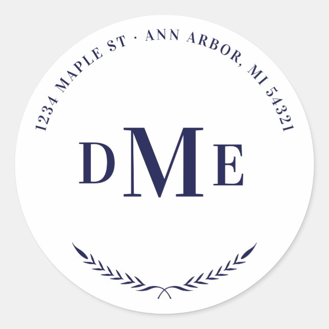 Navy Blue Classic Monogram Return Address Round Sticker (Front)