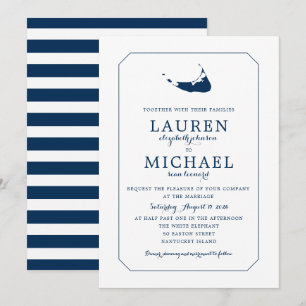 Navy Blue Classic Nantucket Island Map Wedding Invitation
