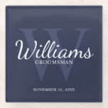 Navy Blue Classic Script Personalized Groomsmen Glass Coaster<br><div class="desc">Add a personal touch to your wedding with personalized groomsmen glass coaster. This coaster features personalized groomsman's name in white classic script font style with wedding details in white classic serif font style and monogram in light navy blue classic serif font style as background, on navy blue background. Also perfect...</div>