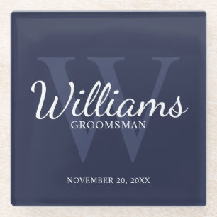 Navy Blue Classic Script Personalized Groomsmen Glass Coaster