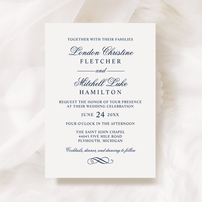 Navy Blue Classic Script Serif Wedding Invitation (Creator Uploaded)