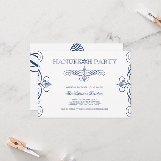 Navy Blue Classic Scrolls Hanukkah Holiday Party Invitation (Front/Back In Situ)