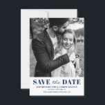 Navy Blue Classic Typography Photo Save The Date<br><div class="desc">Navy Blue Classic Typography Photo Save the Date Announcement. Customizable save the date announcement featuring blue classic typography and stripes back pattern. Personalized by adding your own photo and details. Other colours are available.</div>