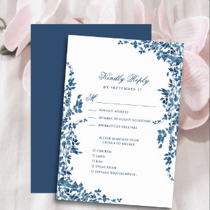 Navy Blue Classic Vintage Floral Garden Wedding RSVP Card