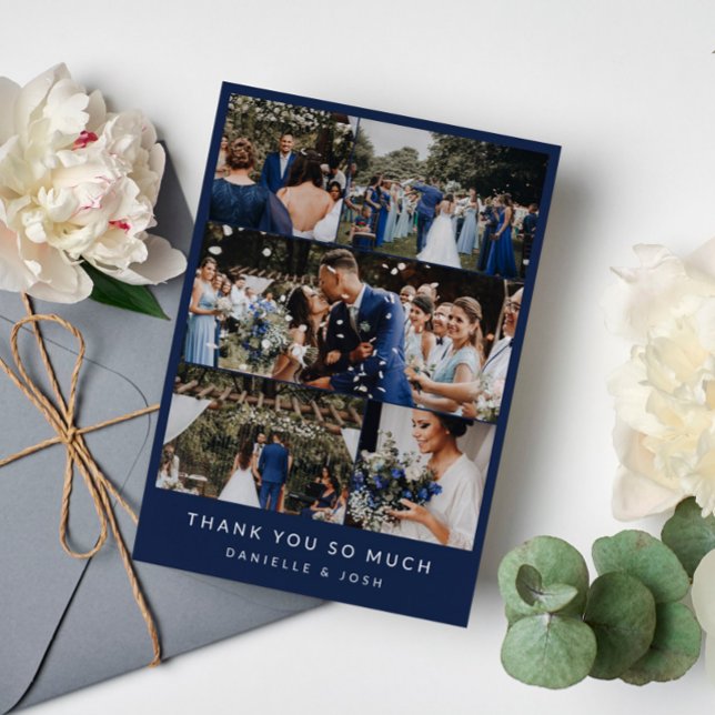 Navy Blue Clean Wedding Photo Collage Thank You Card (Creator Uploaded)