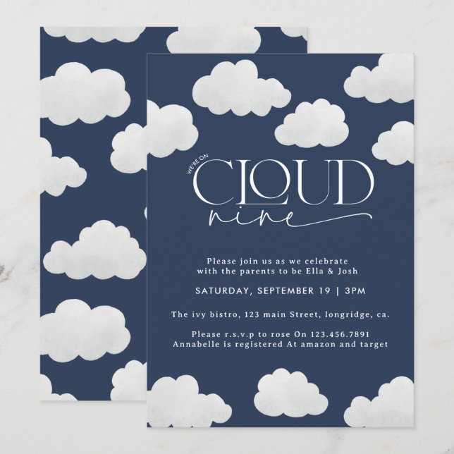 Navy blue cloud nine shower modern stylish invitation (Front/Back)