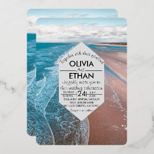 navy blue coastal beach Wedding Foil Invitation