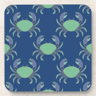 Navy Blue Coastal Crab Pattern Coasters