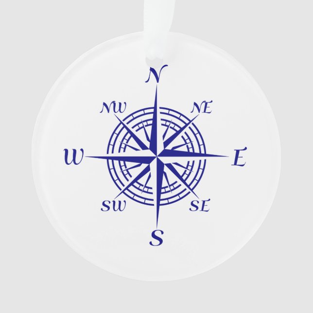 Navy Blue Coastal Decor Compass Rose Ornament (Front)