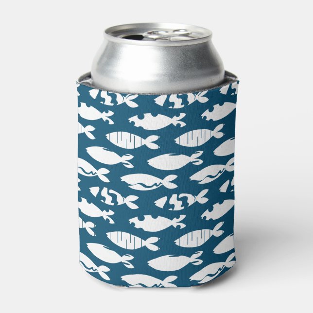 Navy Blue Coastal Fish Pattern, Cool Surfer Can Cooler (Can Front)
