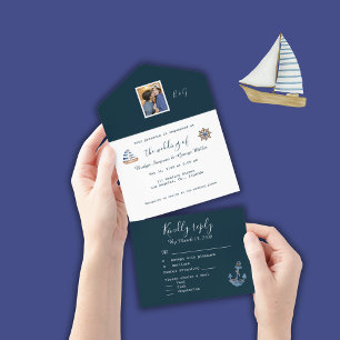navy blue coastal nautic couple photo monogram all in one invitation
