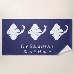 Navy Blue Coastal Nautical Stingray Manta Ray Door Beach Towel