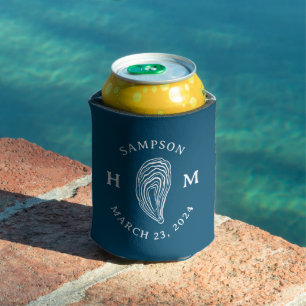 Navy Blue Coastal Oyster Monogram Wedding Favour Can Cooler