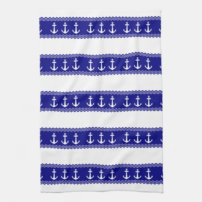 Navy Blue Coastal Pattern Anchors Kitchen Towel (Vertical)